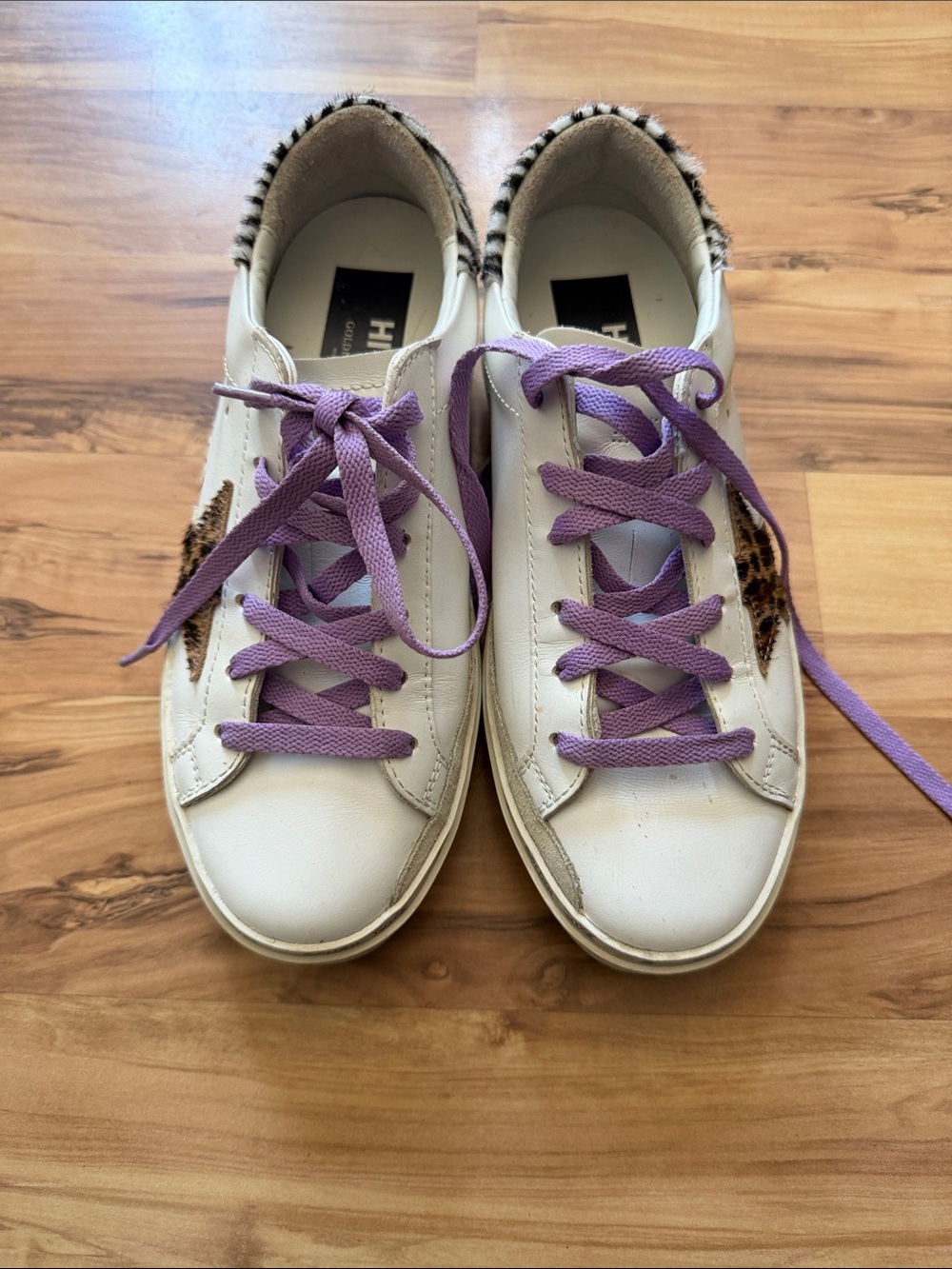 Golden Goose White Leather Sneakers with Lilac Laces and Leopard Accent
